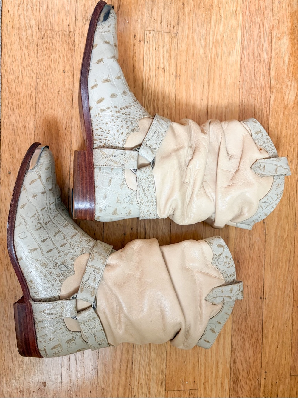 Women's Cream Croc-Embossed Western Ankle Boots steel toe all leather - Picture 4 of 13